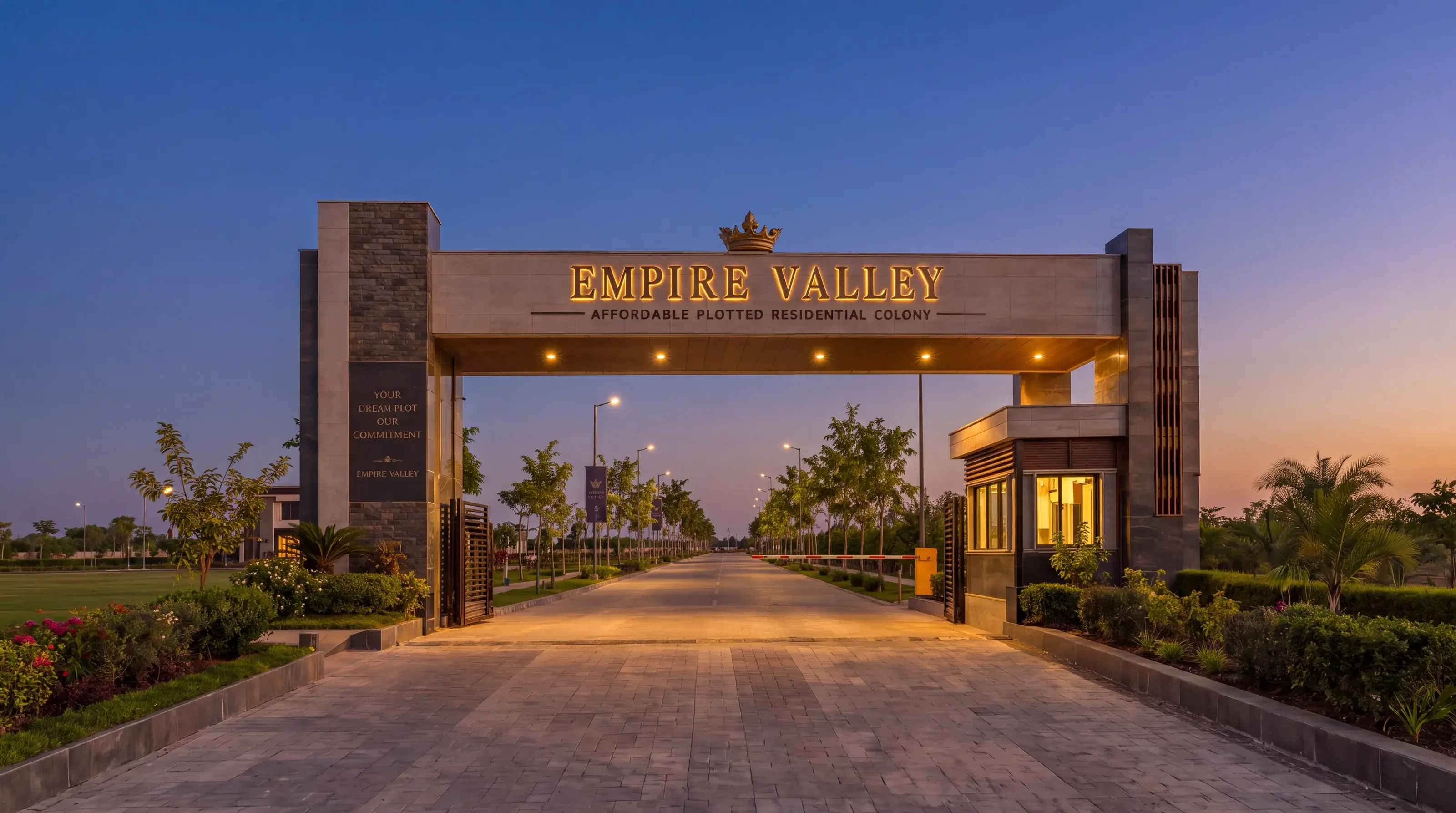 Entrance gate at dusk — artist's impression